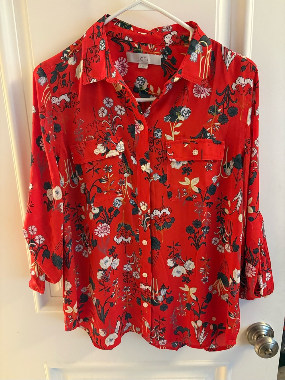 LOFT Bright Red Floral Button-Down Blouse